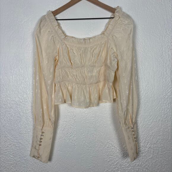 Simple Retro Long Sleeve Peplum Floral Jacquard Blouse in Apricot NWT Size Small - Picture 1 of 6